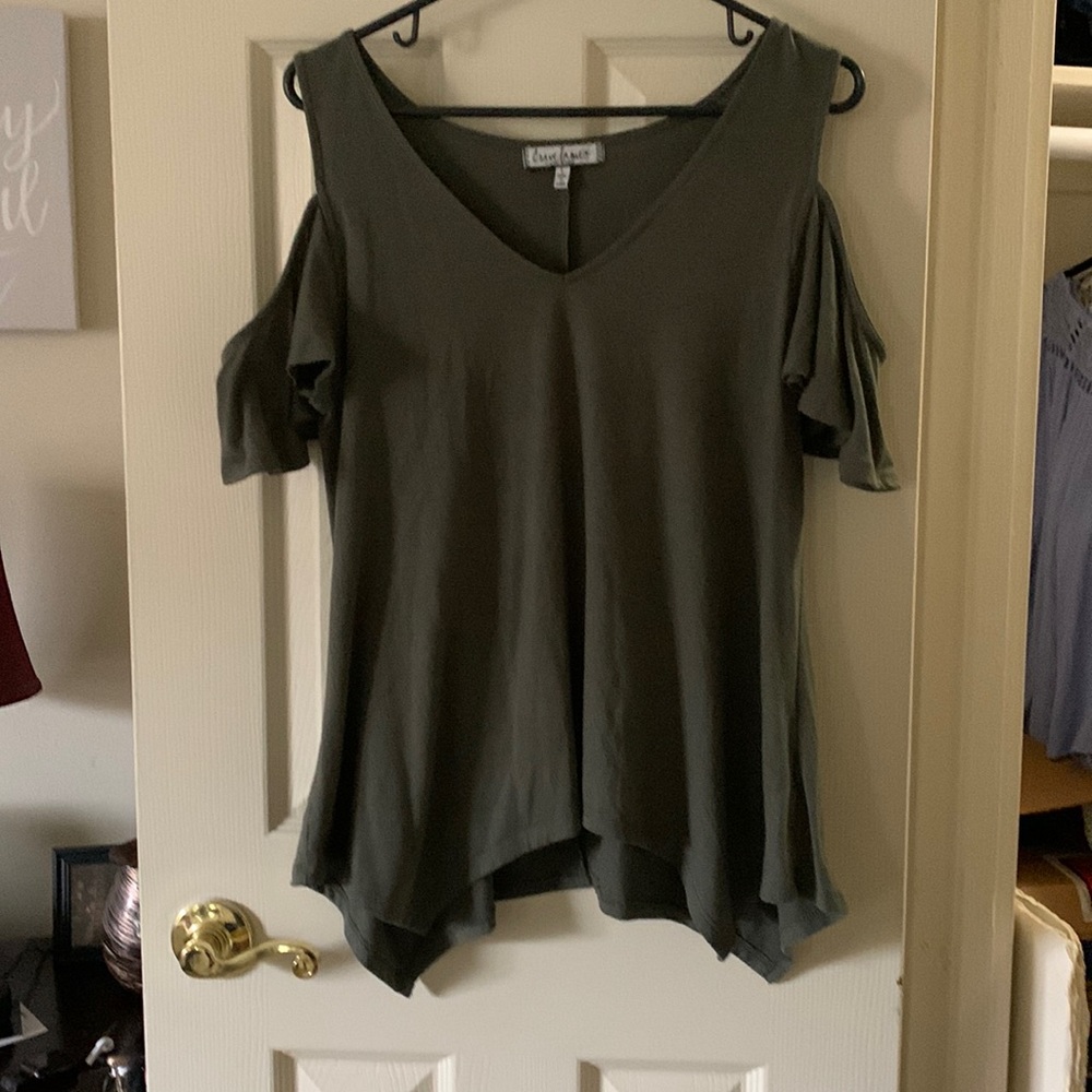 Olive Green off the shoulder shirt. Size Large